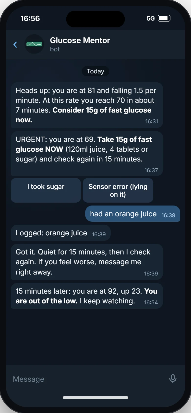 Telegram chat: a predicted low at 81, an urgent alert at 69 with the buttons "I took sugar" and "Sensor error", a juice, and a check 15 minutes later at 92.