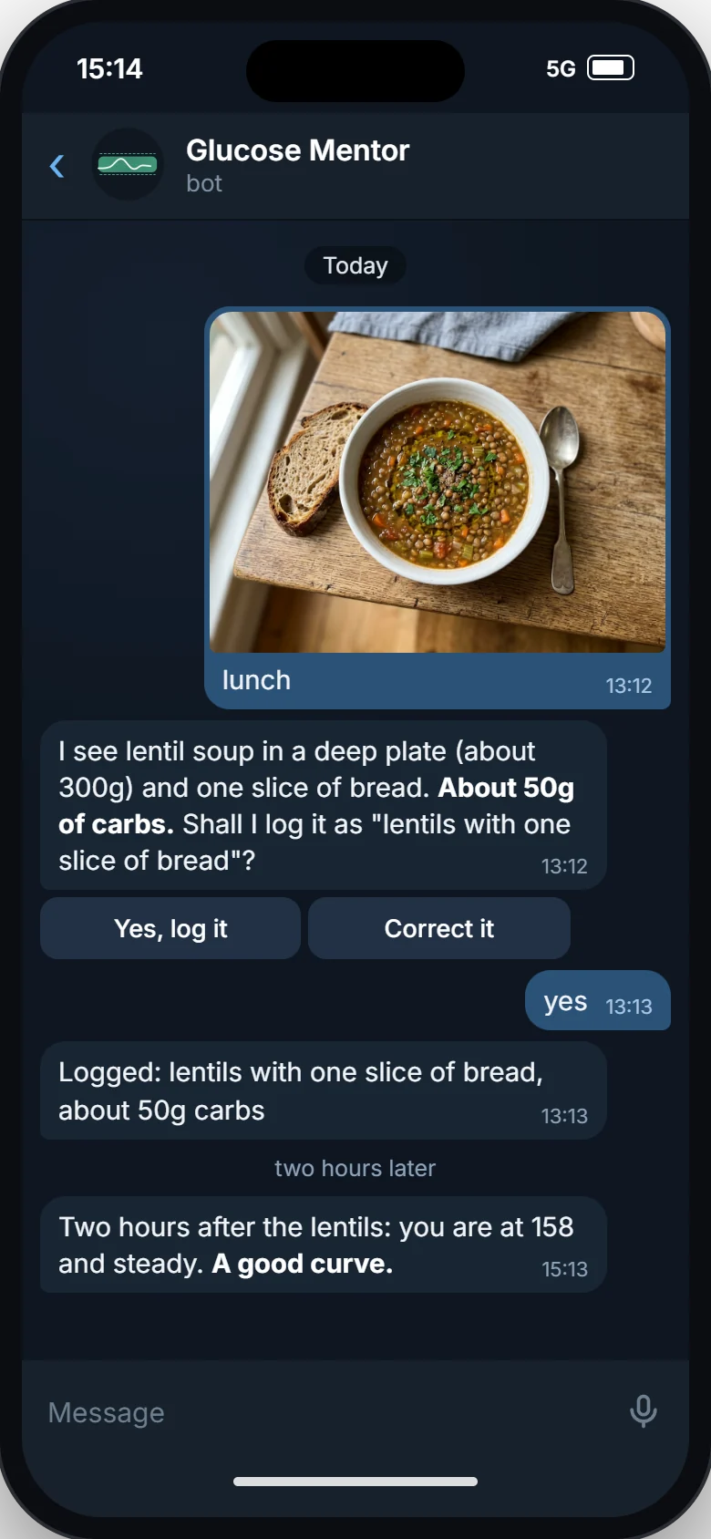 Telegram chat: a photo of lentil soup and bread, an estimate of about 50 grams of carbs, the log entry and a two-hour check at 158.