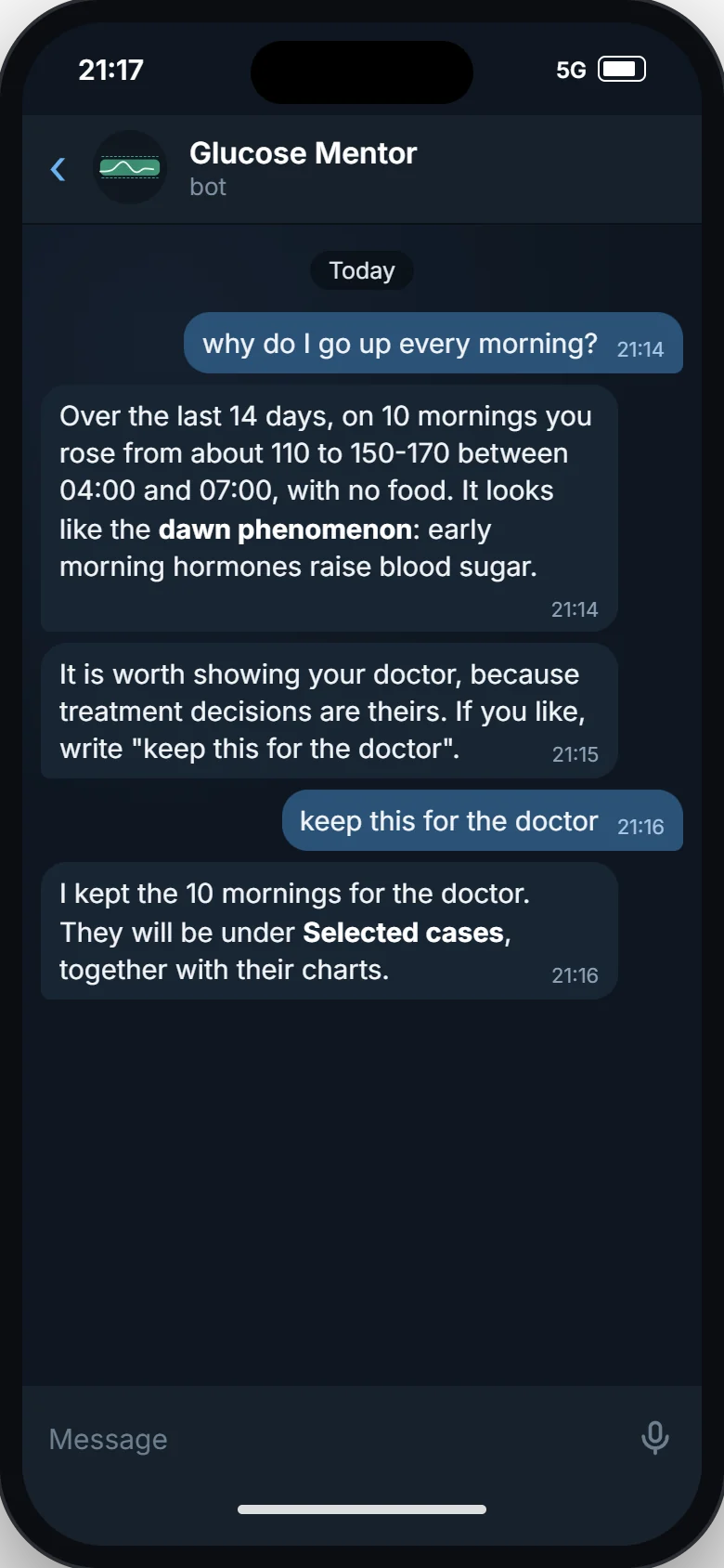 Telegram chat: the question "why do I go up every morning?", an answer about the dawn phenomenon based on 14 days, and a note kept for the doctor.