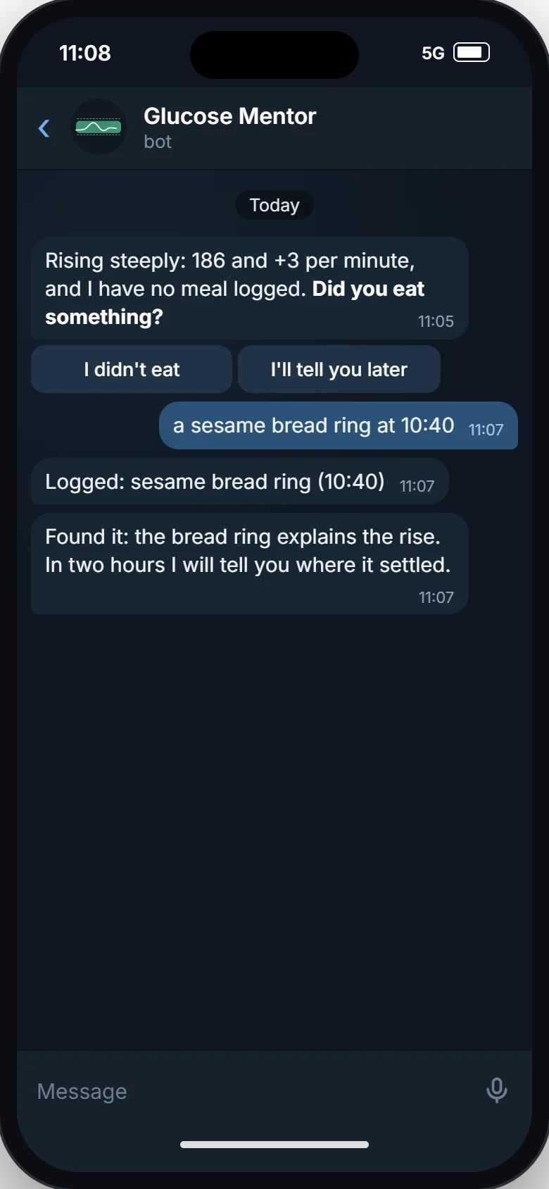 Telegram chat: a steep rise to 186, the question "Did you eat something?", the answer "a sesame bread ring" and the log entry.